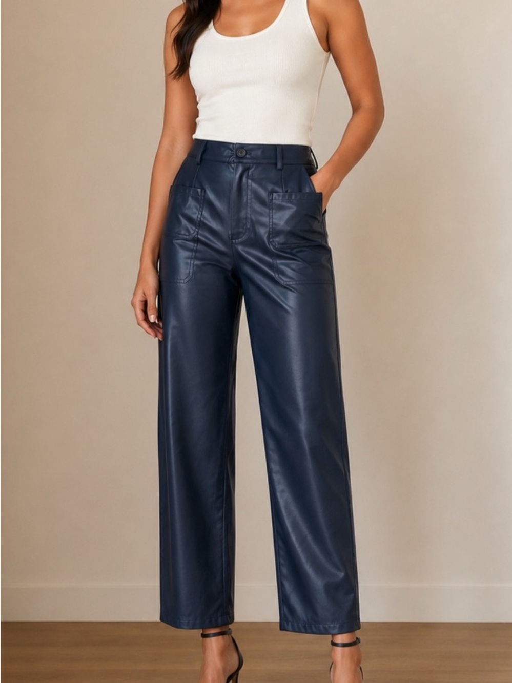 kut from the kloth Navy Meg Wide-Leg Faux Leather Pants